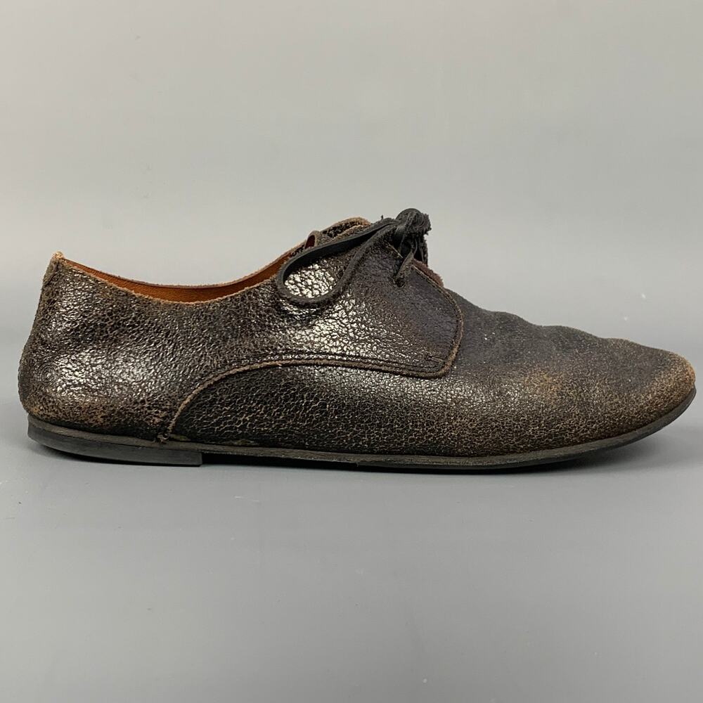 MARSELL Size 7.5 Dark Brown Cracked Leather Flat Lace-Up Shoes